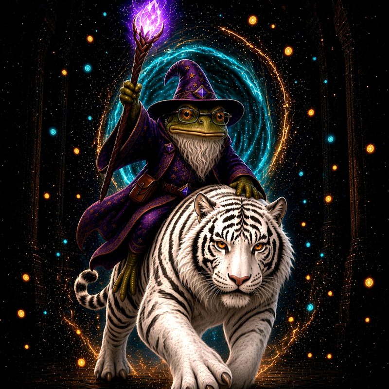 Luceren's Luck album cover: a mottled toad wizard with glasses and a gray beard riding a white tiger